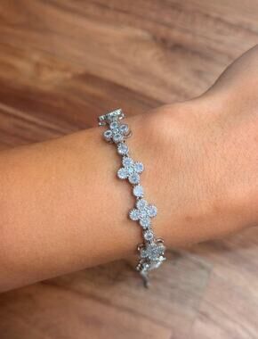 Dainty Clover Flower Bracelet, Silver Tone Rhinestone Link, Bridal Accessory